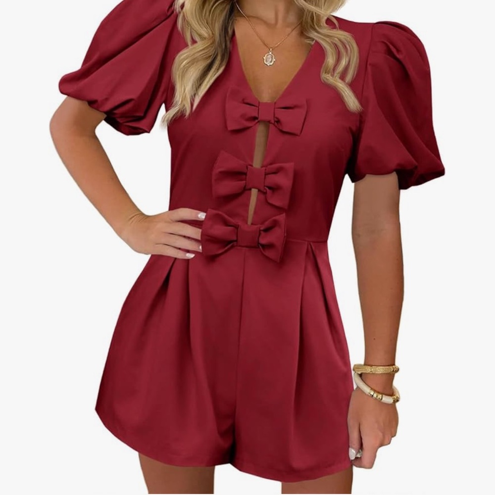 New adorable red bow romper with puff sleeves - Picture 7 of 7